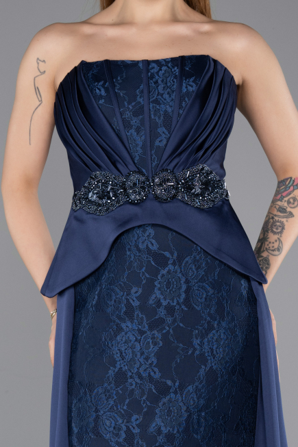 Lacivert Straplez Peplum Kuyruklu Uzun Dantel Abiye ABU5615
