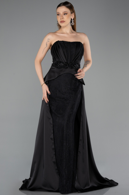 Siyah Straplez Peplum Kesim Kuyruklu Uzun Dantel Abiye ABU5615