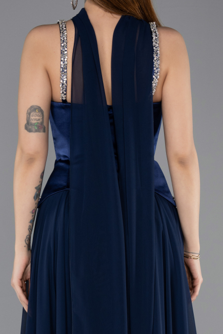 Lacivert Taşlı Askılı Saten Peplum Uzun Şifon Abiye ABU5619