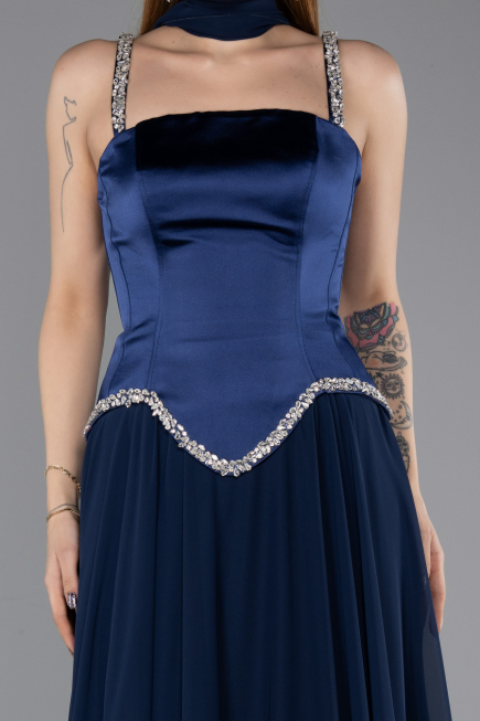 Lacivert Taşlı Askılı Saten Peplum Uzun Şifon Abiye ABU5619