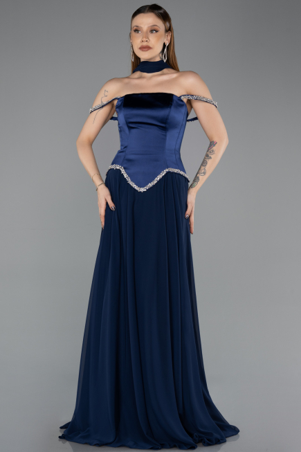 Lacivert Taşlı Askılı Saten Peplum Uzun Şifon Abiye ABU5619