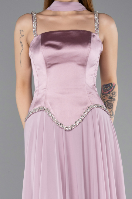 Pudra Taşlı Askılı Saten Peplum Şallı Uzun Şifon Abiye ABU5619