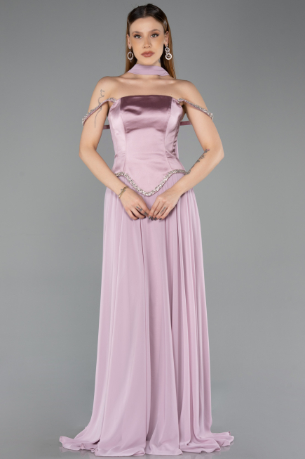 Pudra Taşlı Askılı Saten Peplum Şallı Uzun Şifon Abiye ABU5619