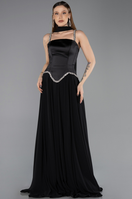 Siyah Taşlı Askılı Saten Peplum Şallı Uzun Şifon Abiye ABU5619
