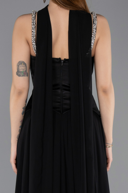 Siyah Taşlı Askılı Saten Peplum Şallı Uzun Şifon Abiye ABU5619