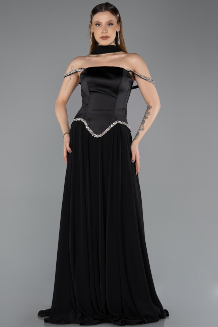 Siyah Taşlı Askılı Saten Peplum Şallı Uzun Şifon Abiye ABU5619