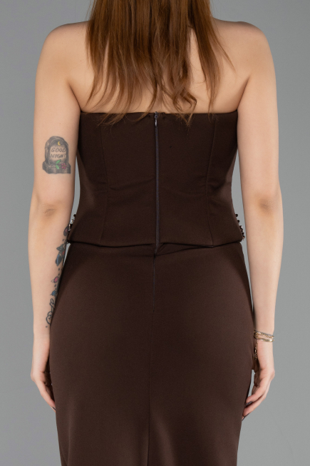 Kahve Taşlı Straplez Yaka Peplum Uzun Abiye Elbise ABU5610