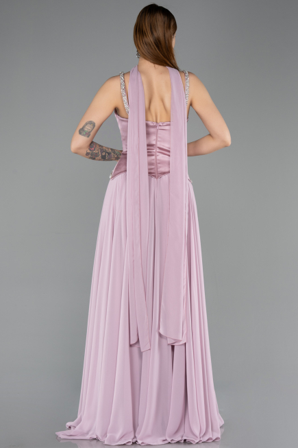 Pudra Taşlı Askılı Saten Peplum Şallı Uzun Şifon Abiye ABU5619