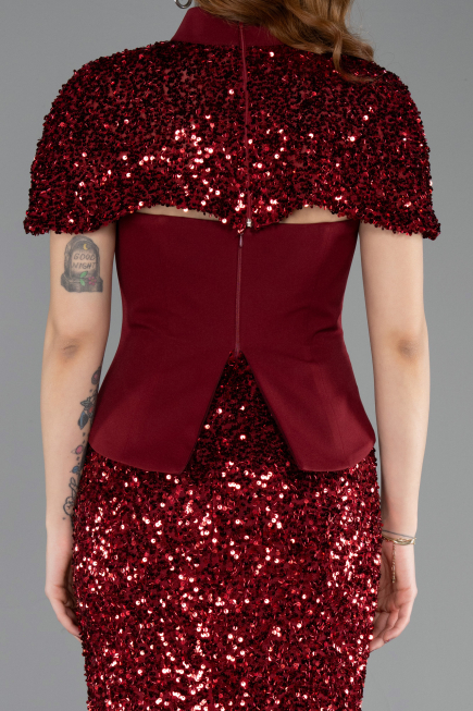 Bordo Straplez Üstü Portatif Peplum Uzun Pullu Abiye ABU5640