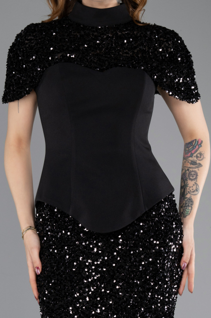 Siyah Straplez Üstü Portatif Peplum Uzun Pullu Abiye ABU5640