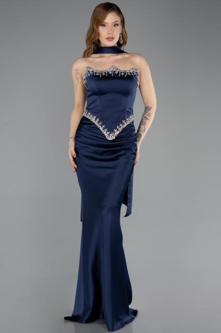 Lacivert Taşlı Straplez Peplum Kesim Uzun Saten Balık Abiye ABU5644