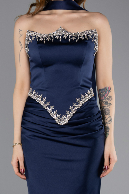 Lacivert Taşlı Straplez Peplum Kesim Uzun Saten Balık Abiye ABU5644