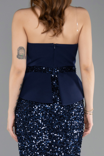 Lacivert Asimetrik Straplez Yaka Peplum Uzun Pullu Abiye ABU5654