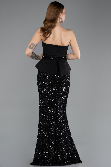 Siyah Asimetrik Straplez Yaka Peplum Uzun Pullu Abiye ABU5654