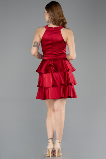 Bordo Halter Yaka Kısa Saten Mezuniyet Elbisesi ABK2528