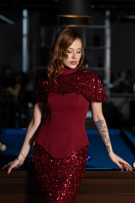 Bordo Straplez Üstü Portatif Peplum Uzun Pullu Abiye ABU5640