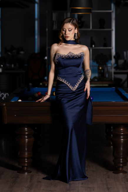 Lacivert Taşlı Straplez Peplum Kesim Uzun Saten Balık Abiye ABU5644