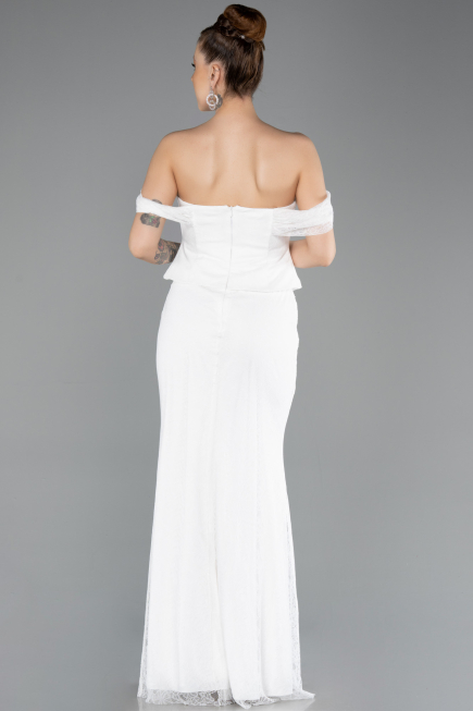 Ekru Straplez Peplum Kesim Uzun Dantel Abiye Elbise ABU5685