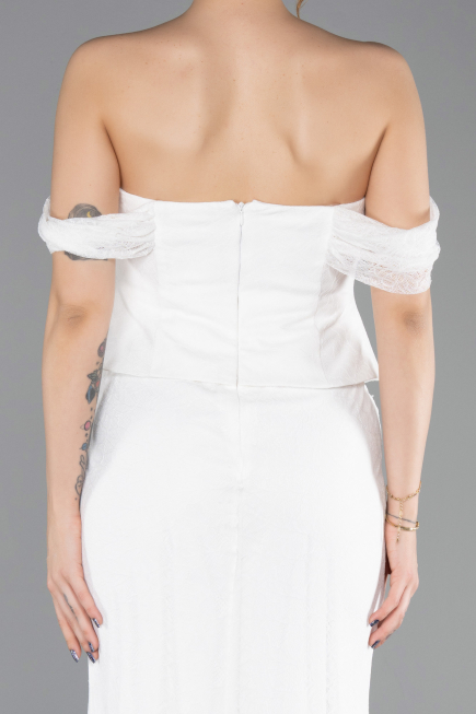 Ekru Straplez Peplum Kesim Uzun Dantel Abiye Elbise ABU5685