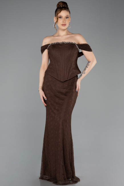 Kahve Straplez Peplum Kesim Uzun Dantel Abiye Elbise ABU5685