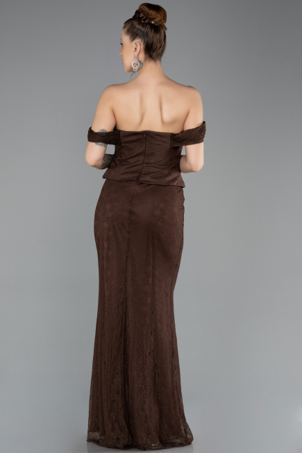 Kahve Straplez Peplum Kesim Uzun Dantel Abiye Elbise ABU5685