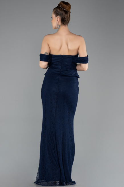 Lacivert Straplez Peplum Kesim Uzun Dantel Abiye Elbise ABU5685