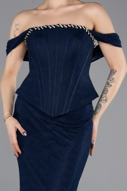 Lacivert Straplez Peplum Kesim Uzun Dantel Abiye Elbise ABU5685