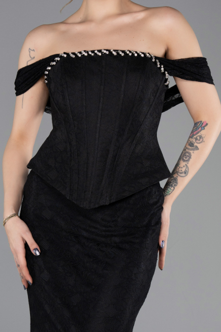 Siyah Straplez Peplum Kesim Uzun Dantel Abiye Elbise ABU5685