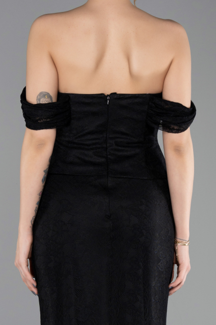 Siyah Straplez Peplum Kesim Uzun Dantel Abiye Elbise ABU5685