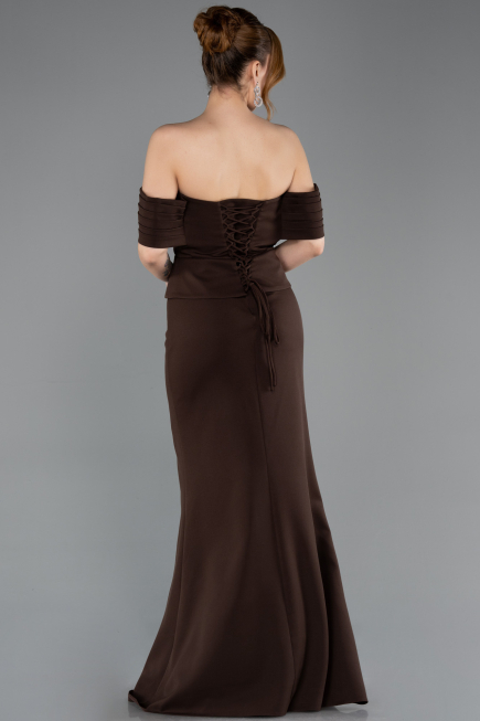 Kahve Straplez Peplum Kesim Uzun Abiye Elbise ABU5559