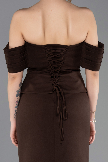Kahve Straplez Peplum Kesim Uzun Abiye Elbise ABU5559