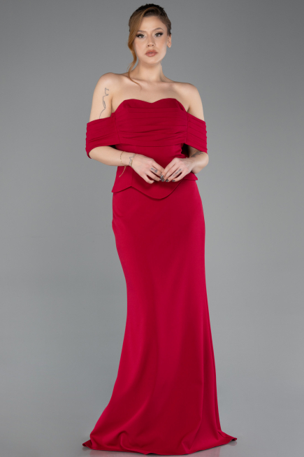 Koyu Fuşya Straplez Peplum Kesim Uzun Abiye Elbise ABU5559