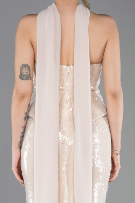 Bej Straplez Yaka Peplum Kesim Uzun Pul Payet Abiye ABU5721