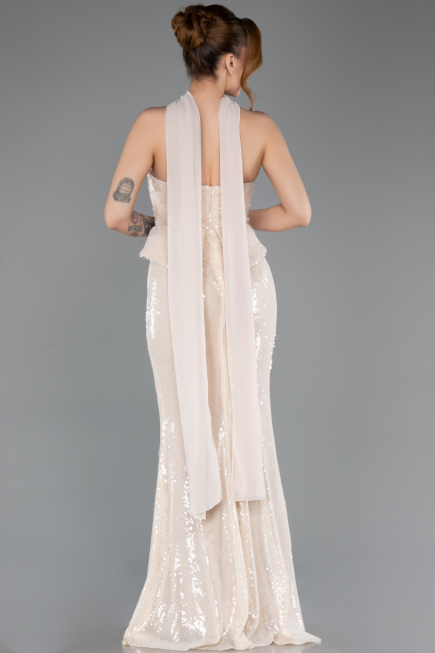 Bej Straplez Yaka Peplum Kesim Uzun Pul Payet Abiye ABU5721