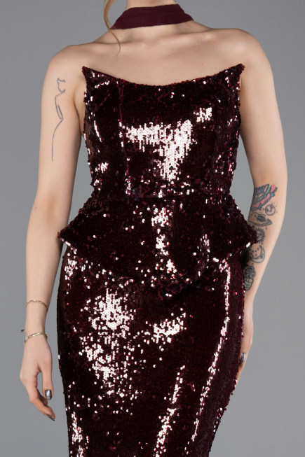 Bordo Straplez Yaka Peplum Kesim Uzun Pul Payet Abiye ABU5721