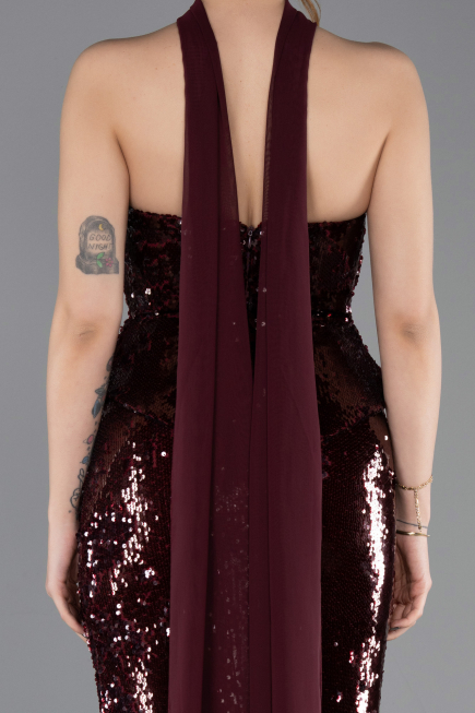Bordo Straplez Yaka Peplum Kesim Uzun Pul Payet Abiye ABU5721