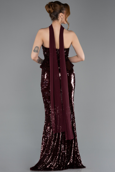 Bordo Straplez Yaka Peplum Kesim Uzun Pul Payet Abiye ABU5721