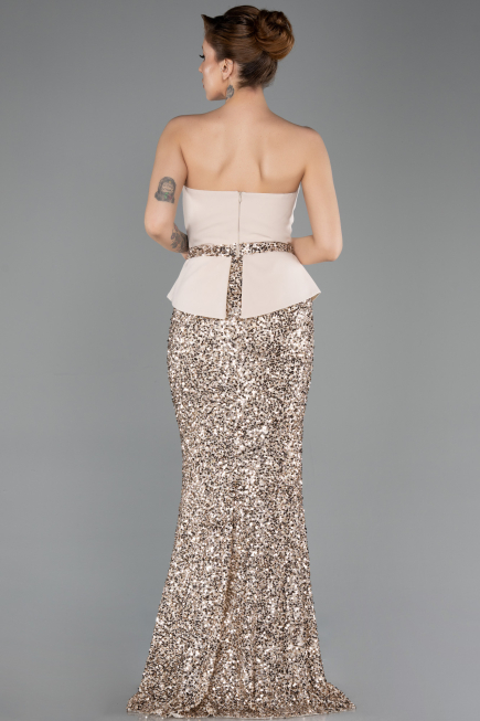 Bej Asimetrik Straplez Yaka Peplum Uzun Pullu Abiye ABU5654