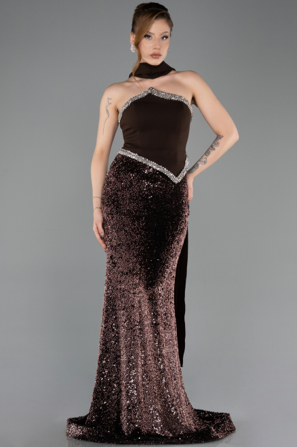 Kahve Asimetrik Straplez Peplum Uzun Pullu Balık Abiye ABU5703