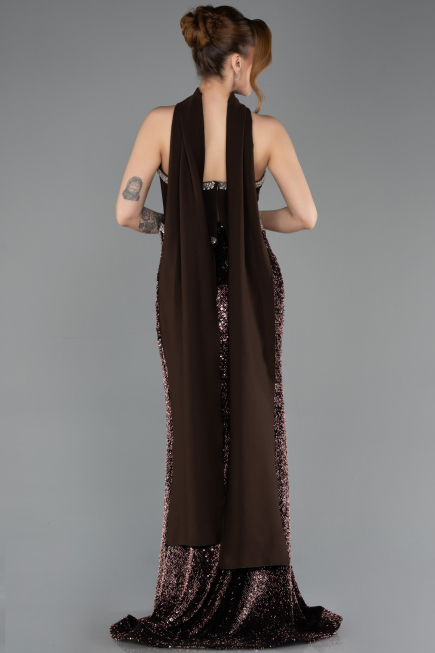 Kahve Asimetrik Straplez Peplum Uzun Pullu Balık Abiye ABU5703