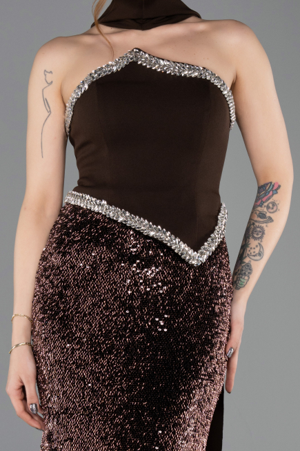 Kahve Asimetrik Straplez Peplum Uzun Pullu Balık Abiye ABU5703