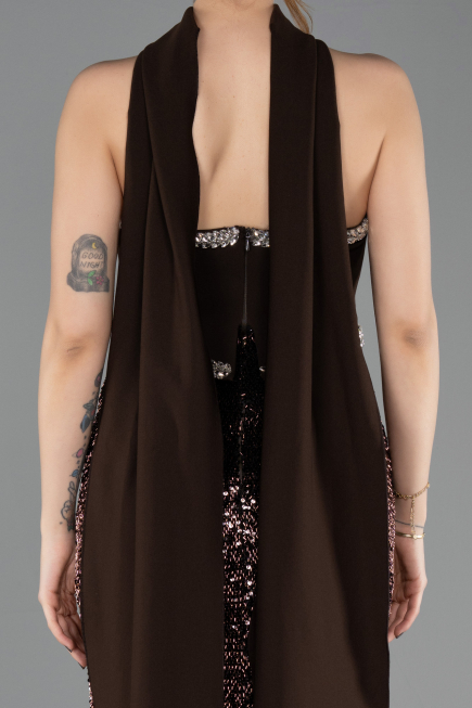 Kahve Asimetrik Straplez Peplum Uzun Pullu Balık Abiye ABU5703