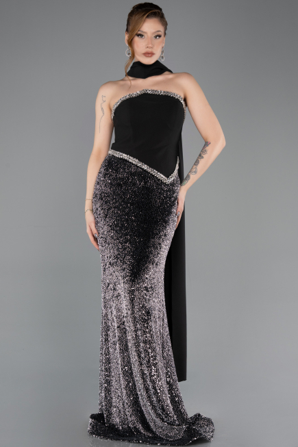 Siyah Asimetrik Straplez Peplum Uzun Pullu Balık Abiye ABU5703
