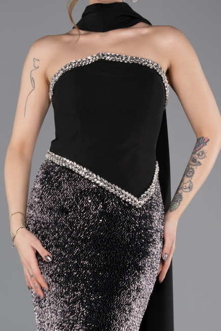 Siyah Asimetrik Straplez Peplum Uzun Pullu Balık Abiye ABU5703