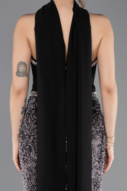Siyah Asimetrik Straplez Peplum Uzun Pullu Balık Abiye ABU5703