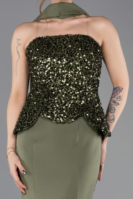 Haki Pullu Straplez Peplum Kesim Uzun Balık Abiye ABU5704