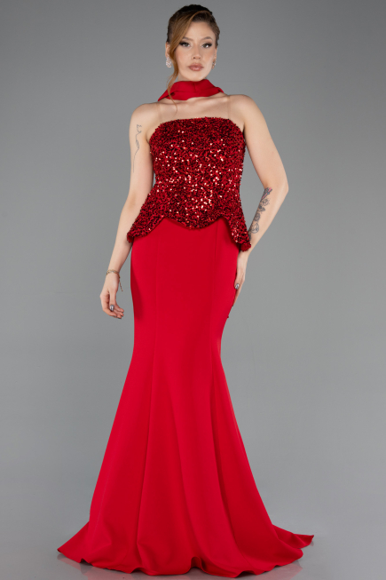 Kırmızı Pullu Straplez Peplum Kesim Uzun Balık Abiye ABU5704