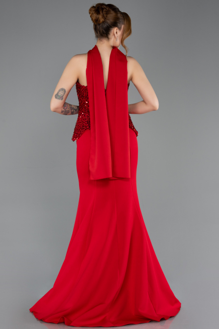 Kırmızı Pullu Straplez Peplum Kesim Uzun Balık Abiye ABU5704