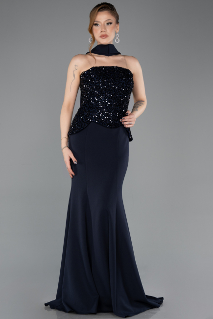 Lacivert Pullu Straplez Peplum Kesim Uzun Balık Abiye ABU5704