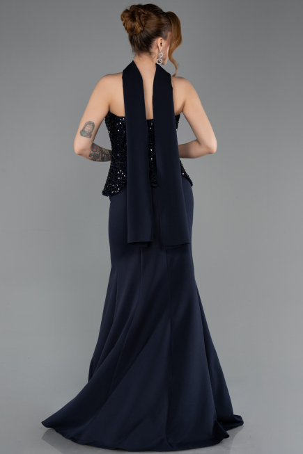Lacivert Pullu Straplez Peplum Kesim Uzun Balık Abiye ABU5704